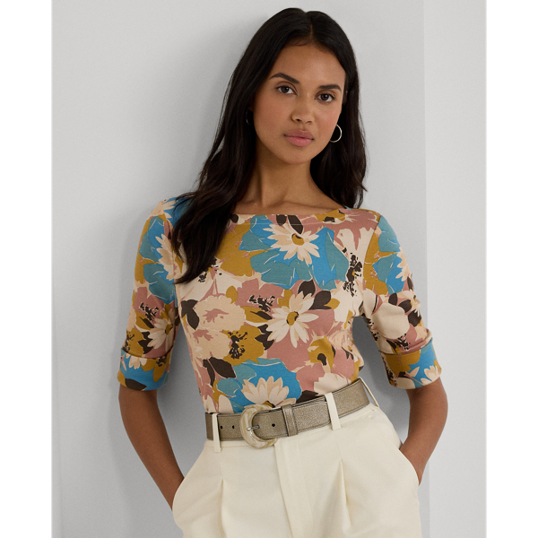 Floral Stretch Cotton Boatneck T-shirt