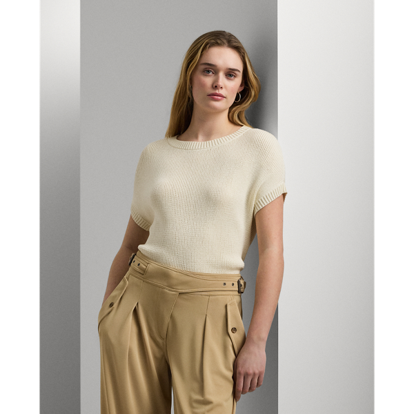 Cream Short Sleeve Ribbed Knit Detail Sweater