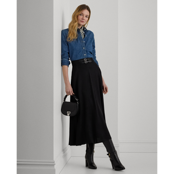 Buckle-Trim Twill Midi Skirt