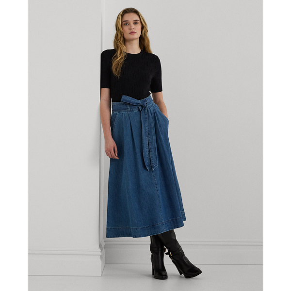 Belted Denim Midi Skirt