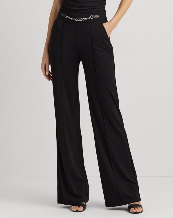 Chain-Trim Pleated Jersey Wide-Leg Pant