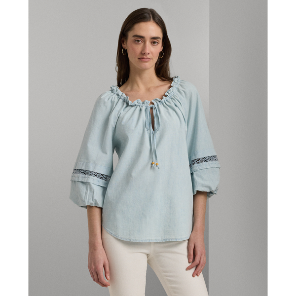 Lace-Trim Chambray Tie-Neck Blouse