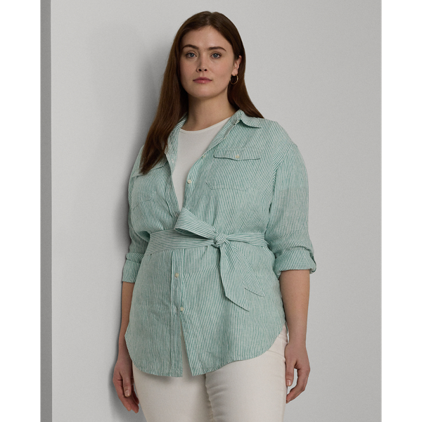 Relaxed Fit Striped Belted Linen Shirt