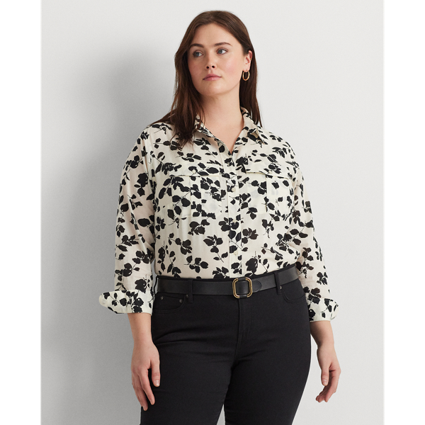 Keylani Shirt in Navy with Cream Leaf Print Cotton