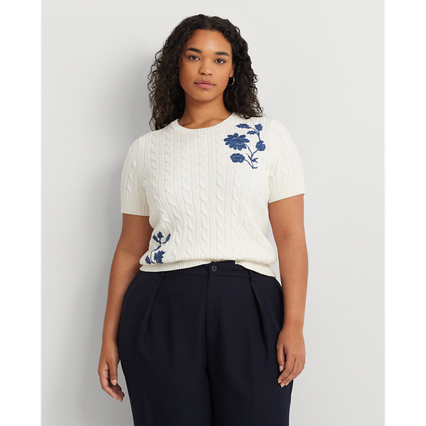 Floral Cable-Knit Short-Sleeve Jumper