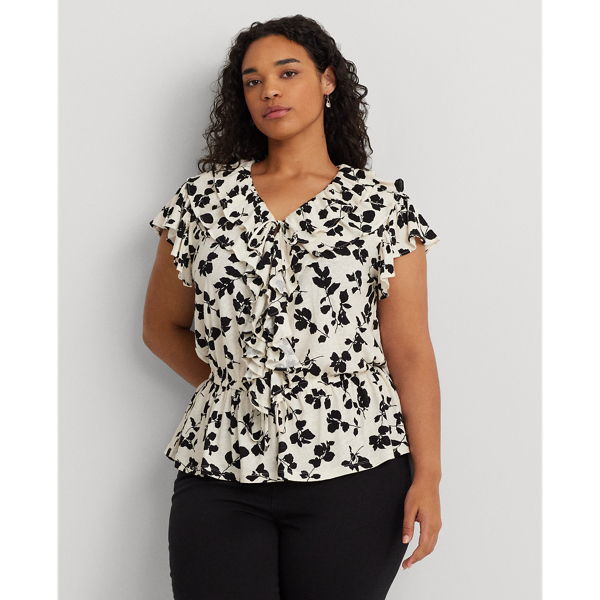 Leaf-Print Ruffle-Trim Jersey Peplum Top