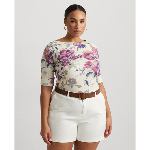 Floral Stretch Cotton Boatneck T-shirt Lauren Woman 1