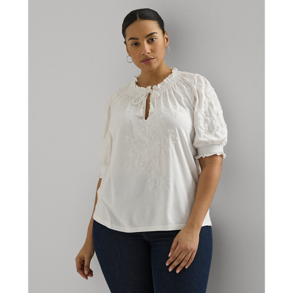 Embroidered Jersey Puff-Sleeve Top