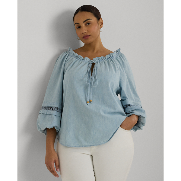 Lace-Trim Chambray Tie-Neck Blouse