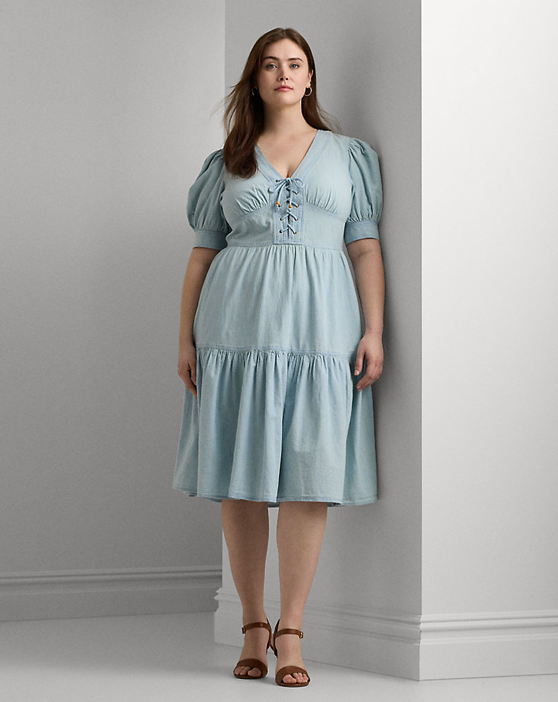 Chambray Puff-Sleeve Dress Lauren Woman 1
