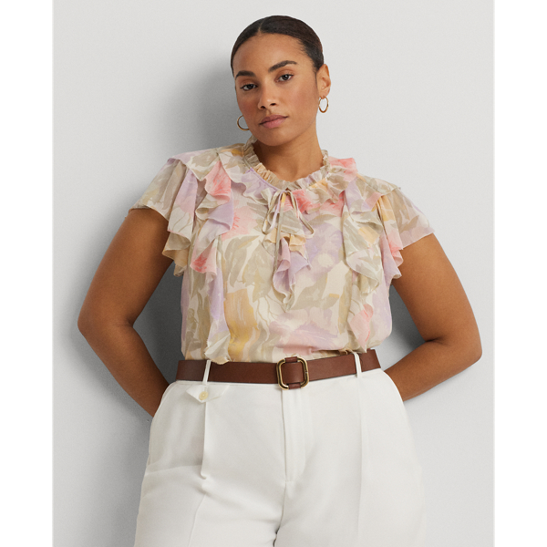 Floral Ruffle-Trim Georgette Blouse