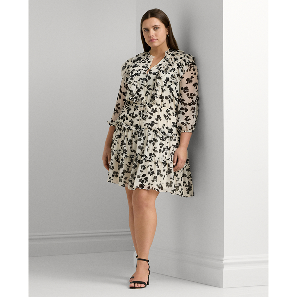 Leaf-Print Ruffle-Trim Georgette Dress