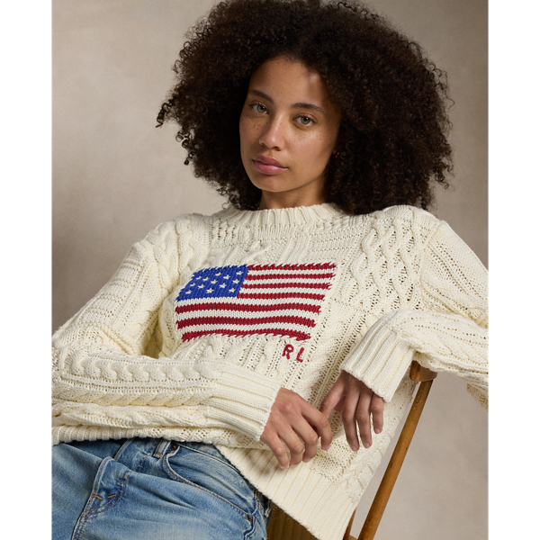 Ralph Lauren Women's Aran-Knit Flag Cotton Sweater - Size Xxs in Cream