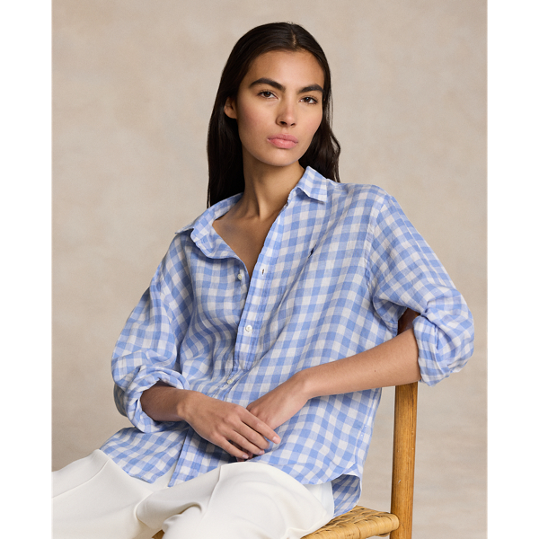 Wide Cropped Gingham Linen Shirt