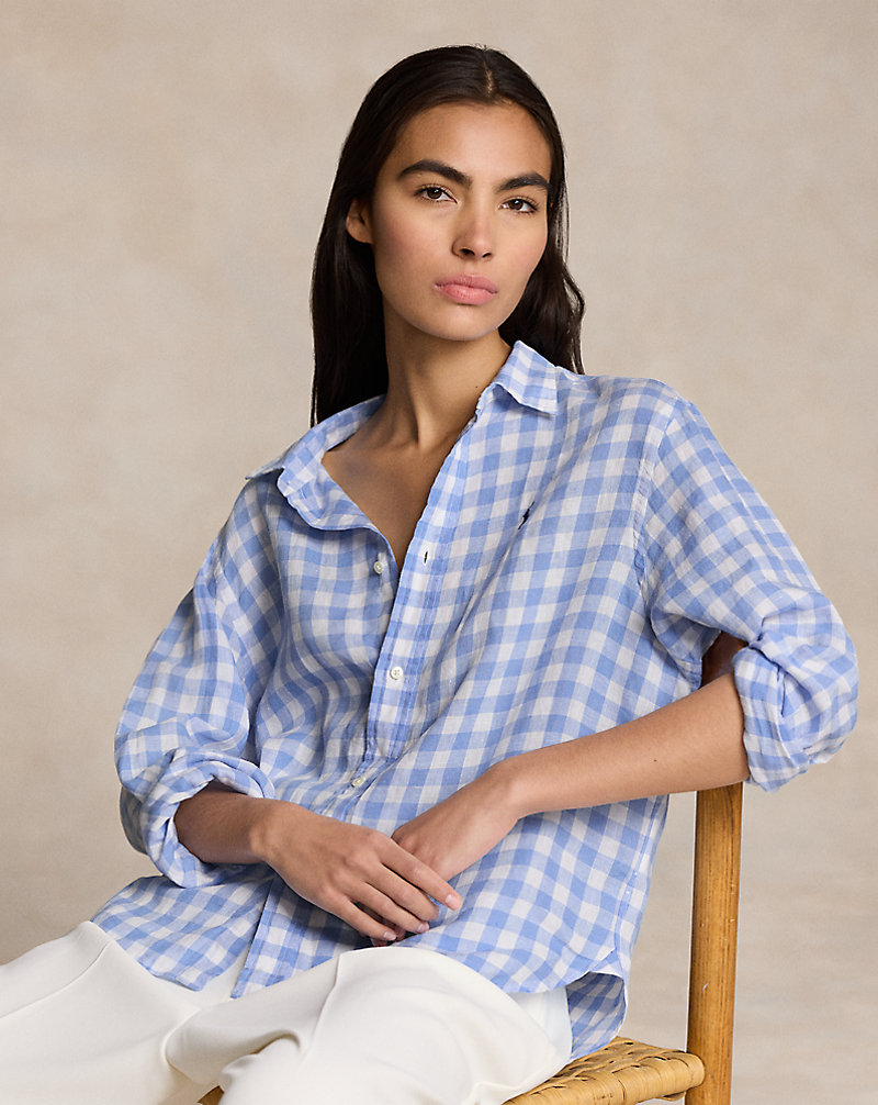 Wide Cropped Gingham Linen Shirt Polo Ralph Lauren 1