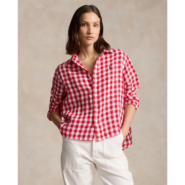 Wide Cropped Gingham Linen Shirt