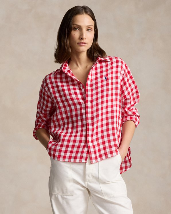 Wide Cropped Gingham Linen Shirt