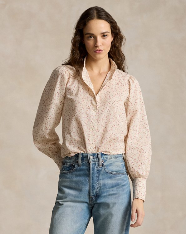 Ruffle-Trim Floral Cotton Shirt