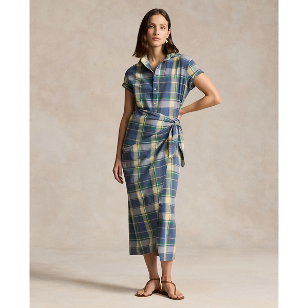 Plaid Cotton Faux-Wrap Shirtdress