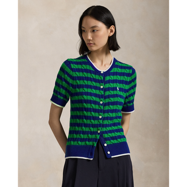 Striped Cable-Knit Short-Sleeve Cardigan