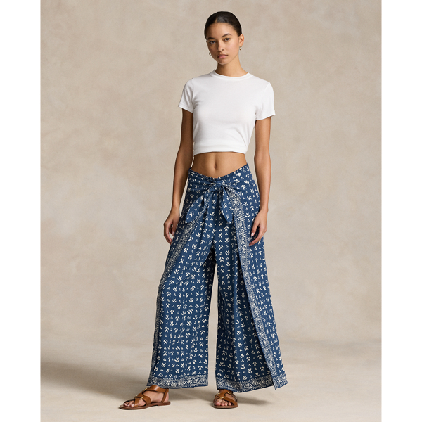 Floral Twill Wide-Leg Wrap Trouser