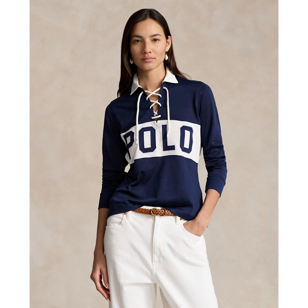 Lace-Up Long-Sleeve Polo Shirt