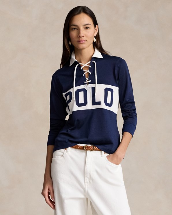 Lace-Up Long-Sleeve Polo Shirt