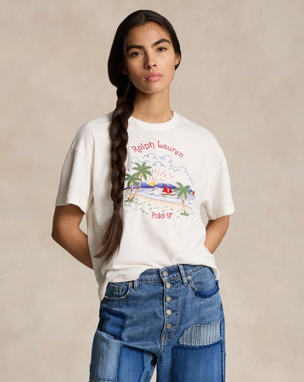 Beach-Motif Embroidered Tee