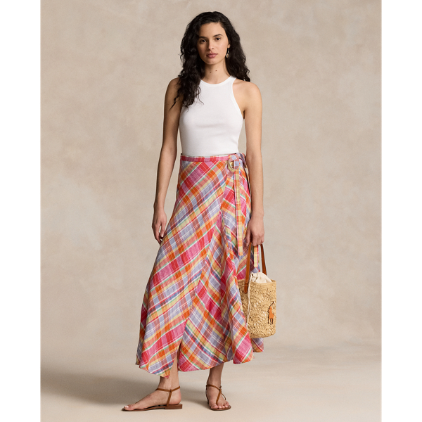 Plaid Linen Paneled Wrap Skirt