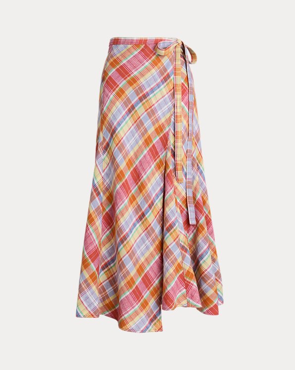 Plaid Linen Paneled Wrap Skirt