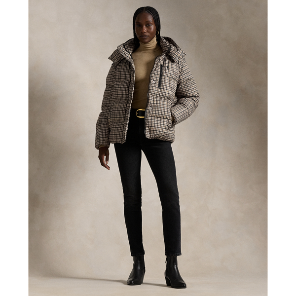 Black and white checkered puffer jacket hot sale