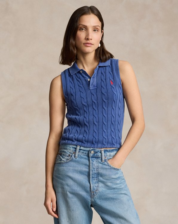 Cable-Knit Cropped Polo Shirt