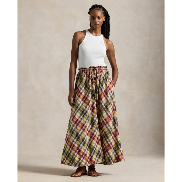 Plaid Cotton Drawstring Maxiskirt