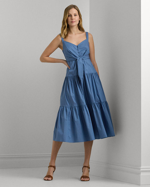 Cotton-Blend Tie-Front Tiered Dress