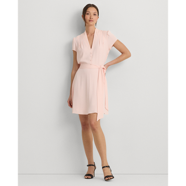 Belted Georgette Short-Sleeve Dress