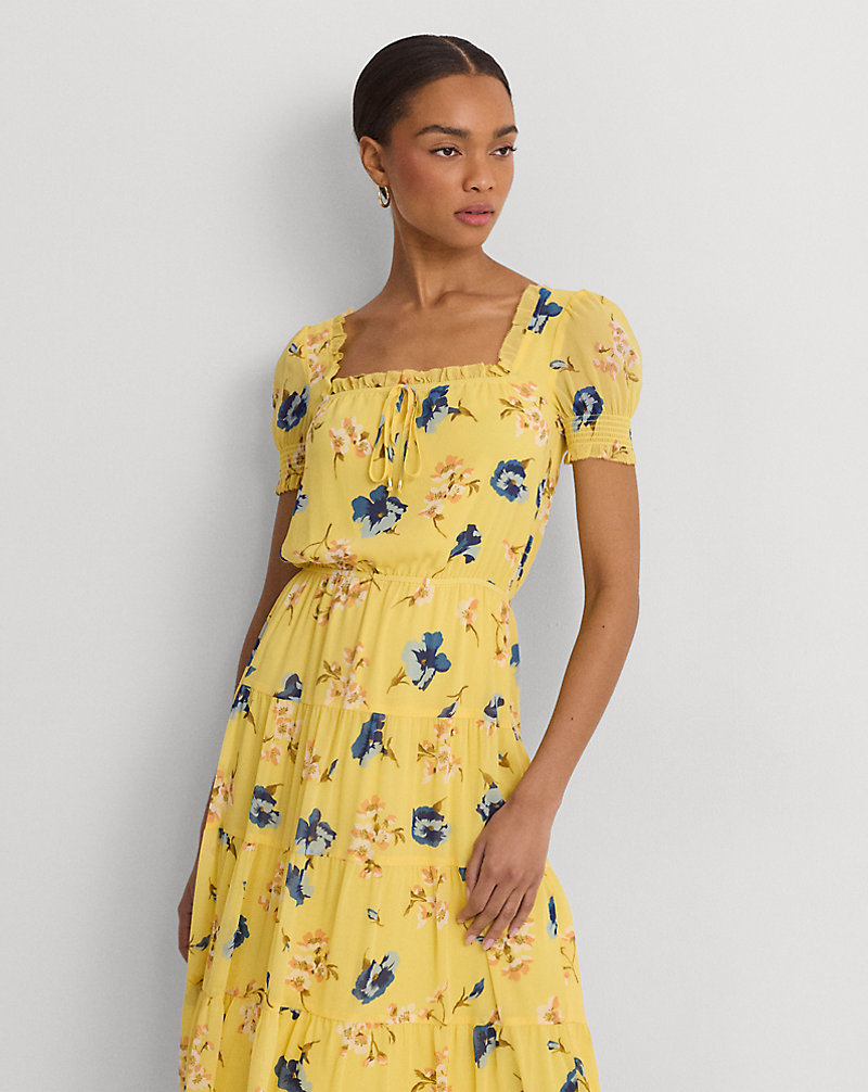 Floral Georgette Puff-Sleeve Midi Dress Lauren 1
