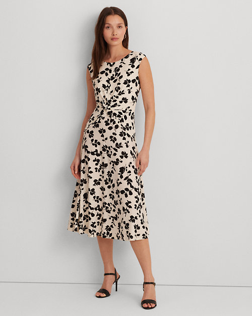 Leaf-Print Twist-Front Jersey Dress