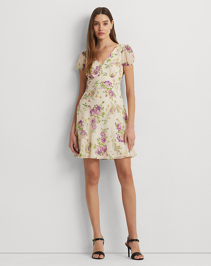 Floral Georgette Puff-Sleeve Dress Lauren 1