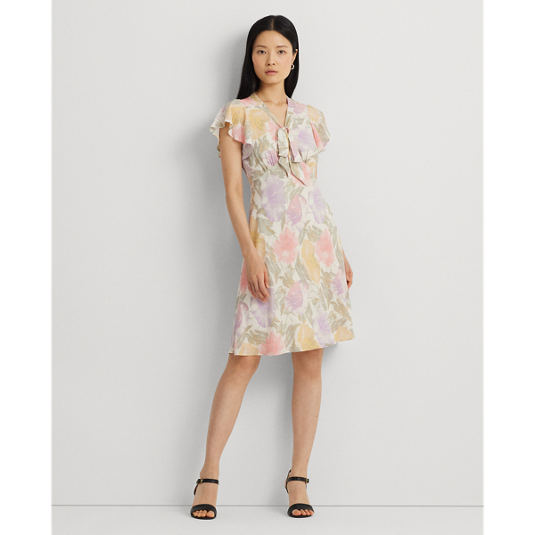 Floral Bubble Crepe Tie-Neck Dress