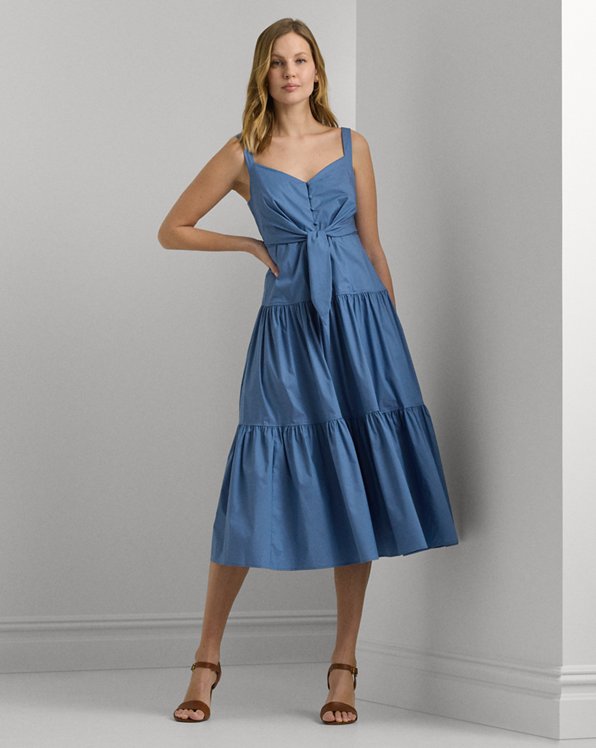 Cotton-Blend Tie-Front Tiered Dress