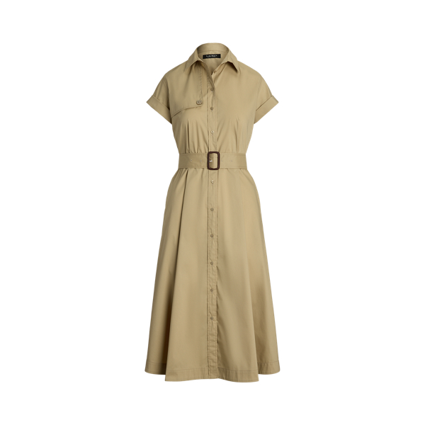 Belted Stretch Cotton Blend Shirtdress