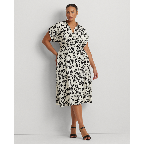 Leaf-Print Belted Crepe Dress