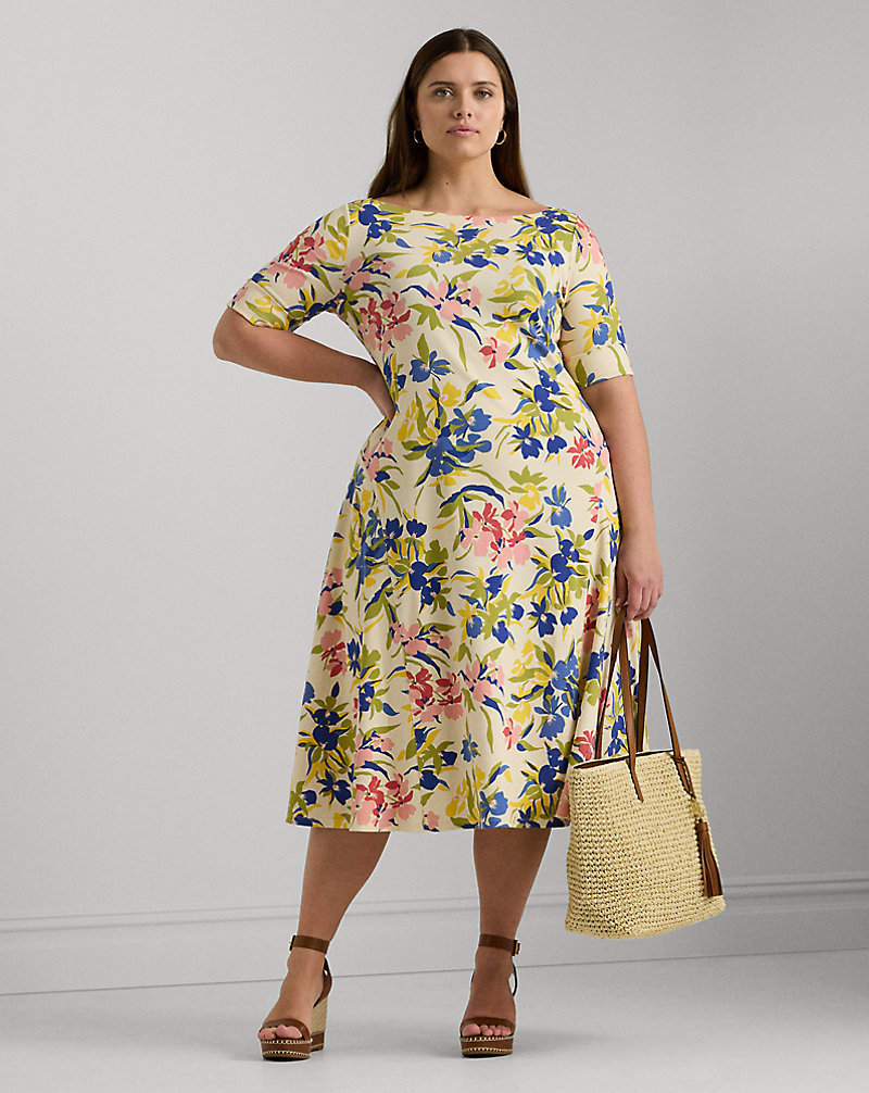 Floral Stretch Cotton Midi Dress Lauren Woman 1