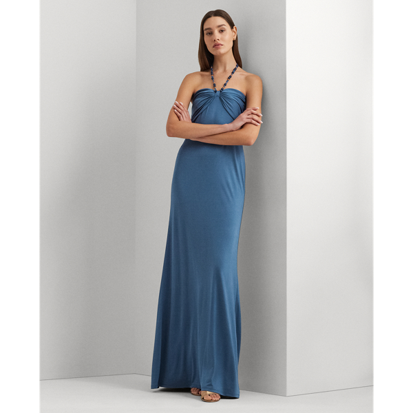 Bead-Trim Jersey Halter Gown Lauren 1