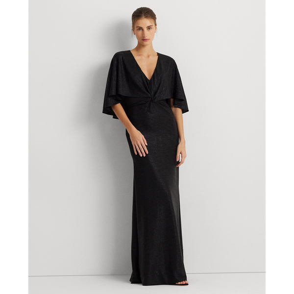 Metallic Knit Twist-Front Cape Gown