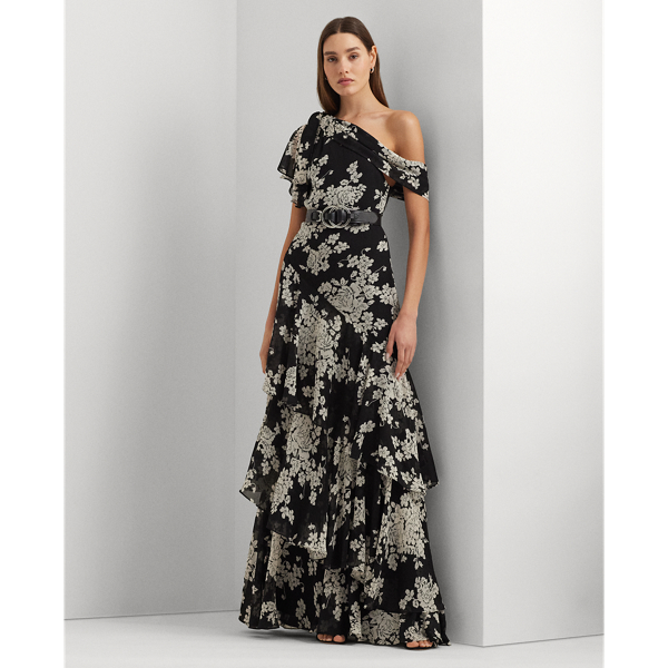 Floral Georgette One-Shoulder Gown