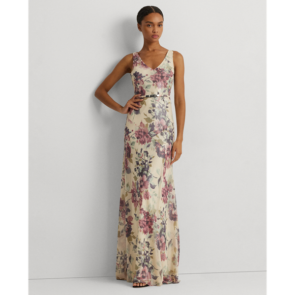 Floral Metallic Chiffon Sleeveless Gown Lauren 1