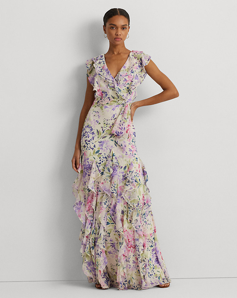 Floral Ruffle-Trim Georgette Gown Lauren 1