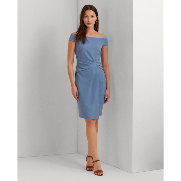 *Long Stretch Crepe Off the Shoulder Dress with Embellished Cascade Ruffle Detail at Waist and Puff Sleeves