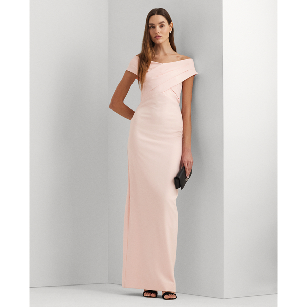 Crepe Off Shoulder Gown With Long Cape